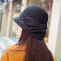 THANTRUE 真享 韩版进口羊毛帽子 盆帽 女士大蝴蝶结渔夫帽 H017 黑色