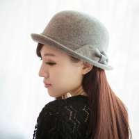 THANTRUE 真享 韩版蝴蝶结小礼帽 羊毛毡帽 女士圆顶小卷边冬帽 H018 夹花灰