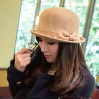 THANTRUE 真享 韩版蝴蝶结小礼帽 羊毛毡帽 女士圆顶小卷边冬帽 H018 驼色