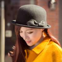 THANTRUE 真享 韩版蝴蝶结小礼帽 羊毛毡帽 女士圆顶小卷边冬帽 H018 黑色
