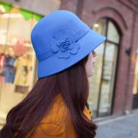 THANTRUE 真享 澳洲进口羊毛毡帽 圆顶花朵小礼帽 女士盆帽呢帽子 H021 靛蓝色