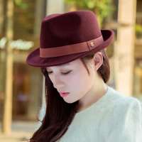 THANTRUE 真享 韩版潮女帽子 羊毛毡帽礼帽 女士卷边情侣绅士帽 H023 酒红色