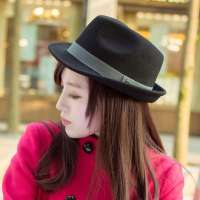 THANTRUE 真享 韩版潮女帽子 羊毛毡帽礼帽 女士卷边情侣绅士帽 H023 黑色