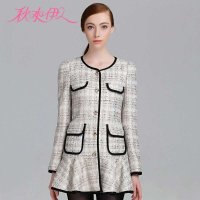 秋水伊人 女装淑女气质粗花呢修身长袖大衣外套633112171