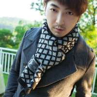 THANTRUE真享 韩版潮针织格子围巾 秋冬季羊绒羊毛围脖 男士百搭毛线 W072 黑灰