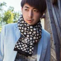 THANTRUE真享 韩版潮针织格子围巾 秋冬季羊绒羊毛围脖 男士百搭毛线 W072 黑米