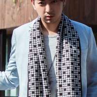 THANTRUE真享 韩版羊绒羊毛围巾 秋冬季方格子针织 男士加厚毛线围脖 W073 黑米