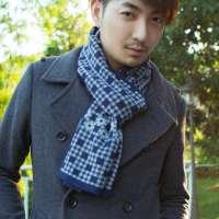 THANTRUE真享 韩版羊绒羊毛围巾 秋冬季方格子针织 男士加厚毛线围脖 W073 藏青灰