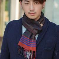 THANTRUE真享 英伦情侣款围巾 秋冬季桑蚕丝真丝方巾 男士格子百搭围脖 W080 深灰/橘色