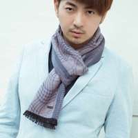 THANTRUE真享 韩版真丝围巾 秋冬季长款格子桑蚕丝方巾 男士百变围脖 W081 灰/紫色