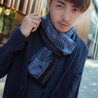 THANTRUE真享 韩版真丝围巾 秋冬季长款格子桑蚕丝方巾 男士百变围脖 W081 黑/蓝色
