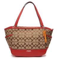 COACH 蔻驰 经典LOGO女款帆布拼皮卡其红色手提单肩包 F23297