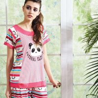 以诗萜esther 反季清仓萌萌小熊棉质家居服女款条纹睡衣套装 412091