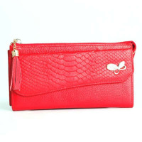 皮仕伦尔Pareshass 女士时尚洋气多功能单拉链风琴手拿牛皮钱包P2039013-02红色