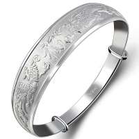 百萃 S990足银雕刻手镯 龙凤呈祥 福字银饰手镯 纯银手镯 送妈妈