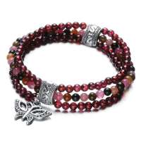 盈满堂 天然石榴石碧玺配藏银三层手链4mm蝶恋YMT130509002