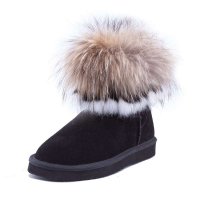 AUSLAND女超大兔毛狐狸毛短靴牛皮雪地靴9258