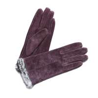 爱丽榭 Alyzee 秋冬新款女士猪皮绒兔毛分指防风保暖手套 修饰手形 A2009 紫咖色