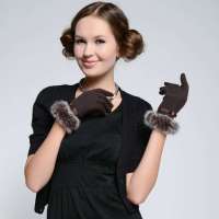 爱丽榭 Alyzee 秋冬新款 时尚大气 螺纹蝶结 女士面料分保暖手套 A3001 深棕色