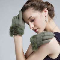 爱丽榭 Alyzee 兔毛羊毛保暖手套 女士冬款分指开车兔羊毛手套 A3010 豆绿色
