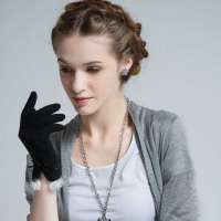 爱丽榭 Alyzee 秋天冬季韩版时尚羊毛兔毛短款骑行女分指可爱保暖手套 A3040 黑色