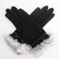 爱丽榭 Alyzee 2013春秋冬兔毛拼接设计 羊皮蝴蝶结 分指 女士保暖手套 A3042 黑色