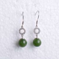 御灵珠宝 925银镶嵌菠菜绿和田碧玉耳环耳坠 转运圆珠 01070703001