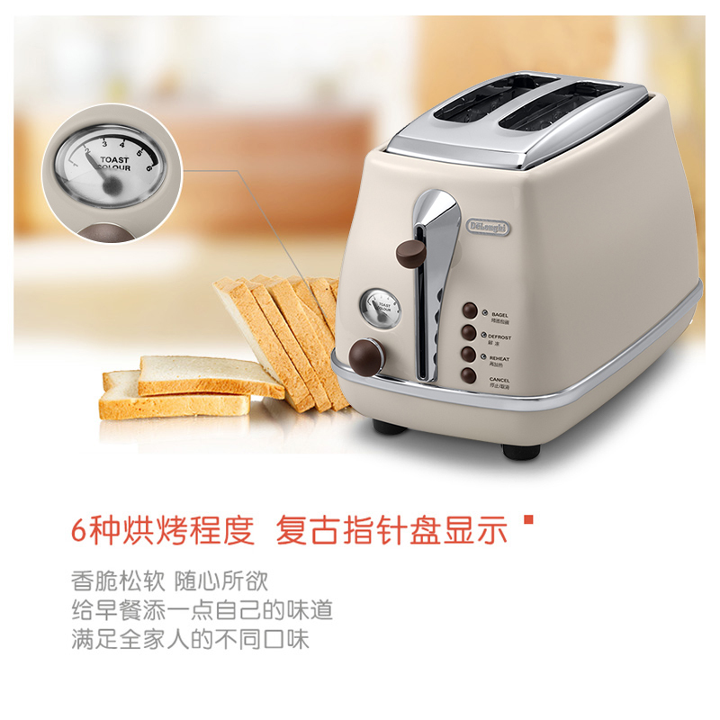 德龙(DeLonghi) CTO2003(奶油白)家用复古系列多士炉 全自动烤面包机 早餐烤吐司机 配防尘盖 2片式