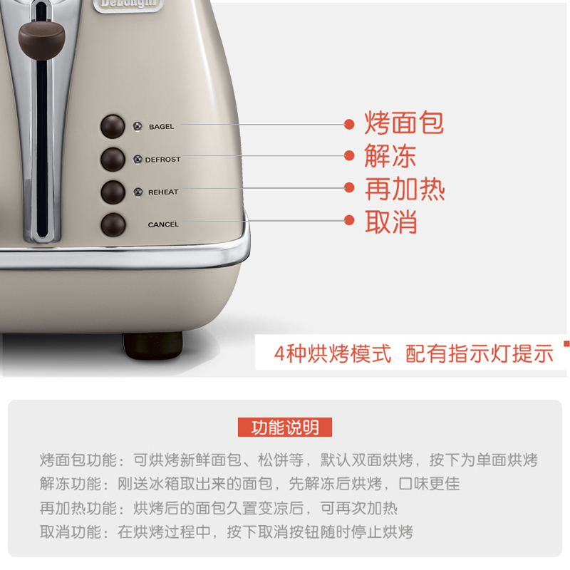 德龙(DeLonghi) CTO2003(奶油白)家用复古系列多士炉 全自动烤面包机 早餐烤吐司机 配防尘盖 2片式