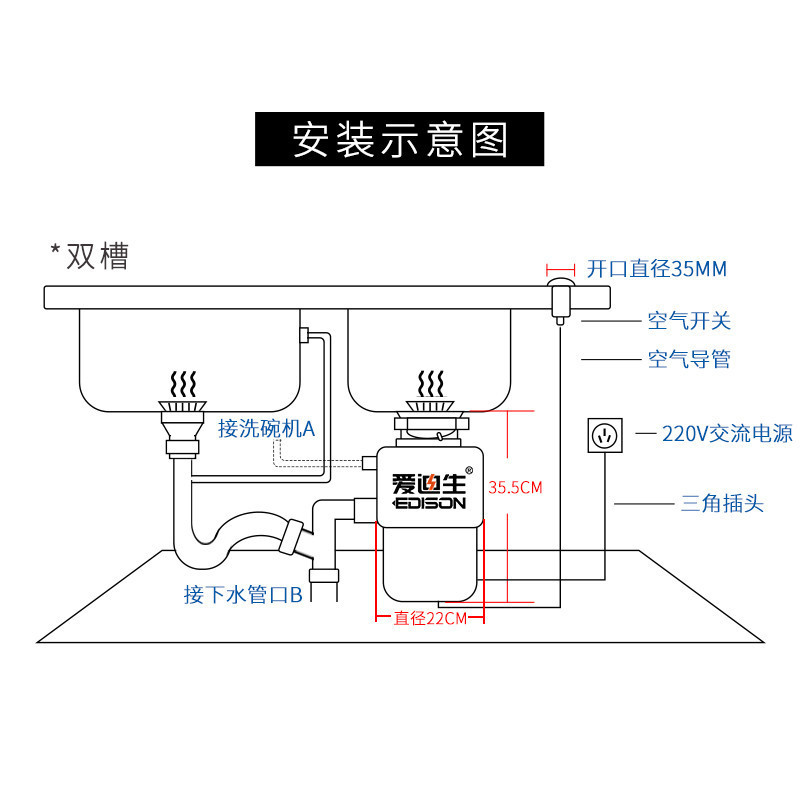 爱迪生(Edison)ADS18-3 食物垃圾处理器 家用 厨房厨余垃圾处理机 粉碎机高清大图