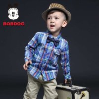 巴布豆BOBDOG正品秋时尚宝宝长袖格子衬衫 纯棉男童格纹衬衣 个性英伦学院风