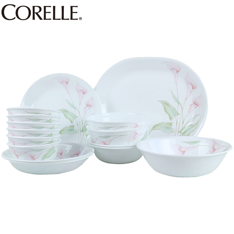 康宁(CORELLE)餐具套装原装进口 16件套餐具高档玻璃百合花色碗/碟子/盘子餐盘套装