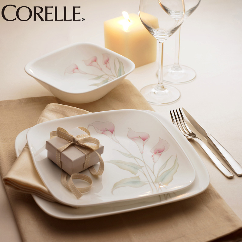 康宁(CORELLE)餐具套装原装进口 16件套餐具高档玻璃百合花色碗/碟子/盘子餐盘套装