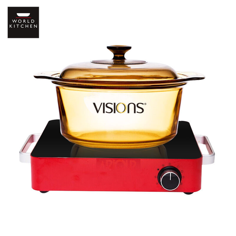 康宁(VISONS)锅具套装方形单圈微晶面板电陶炉红色+晶彩透明锅3.5L套装