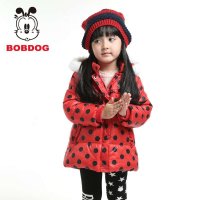 巴布豆童装2014新款波点长款女童棉衣 时尚百搭连帽儿童棉服冬装