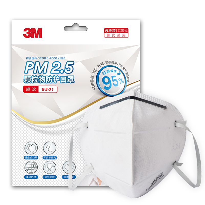 3M 防护口罩9501 防雾霾PM2.5 防尘口罩 KN95耳带式 2包装 5只/包 共10只