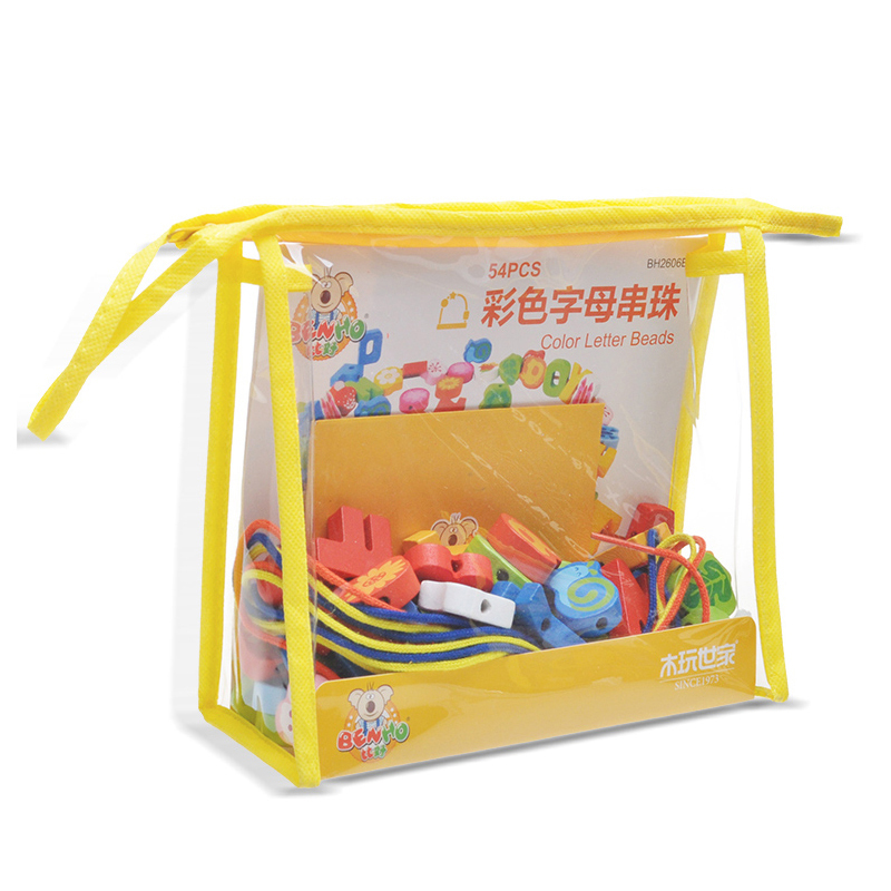木玩世家儿童益智玩具54粒彩色字母启蒙早教木制串珠玩具BH2606B