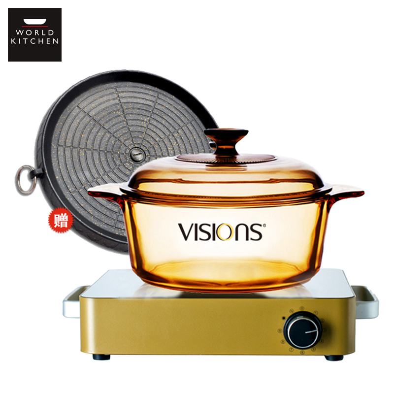 康宁晶彩透明锅锅具电陶炉套装VHS-220-GD/CN+VISIONS透明锅 金色电陶炉+VS32 赠烤盘