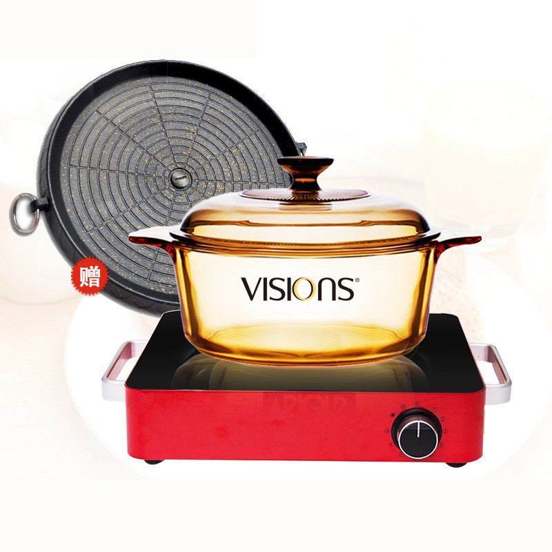 康宁(VISONS)锅具套装方形微晶面板电陶炉红色VHS-220-RD/CN 红色炉子+VS22汤锅2.25L 赠烤盘