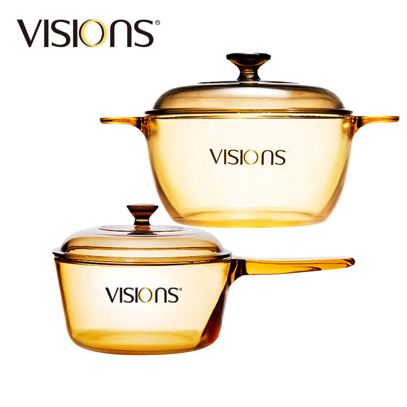 康宁(VISIONS)锅具套装VS-15+VSP-1晶彩透明玻璃汤锅1.5L奶锅1L两件套组合