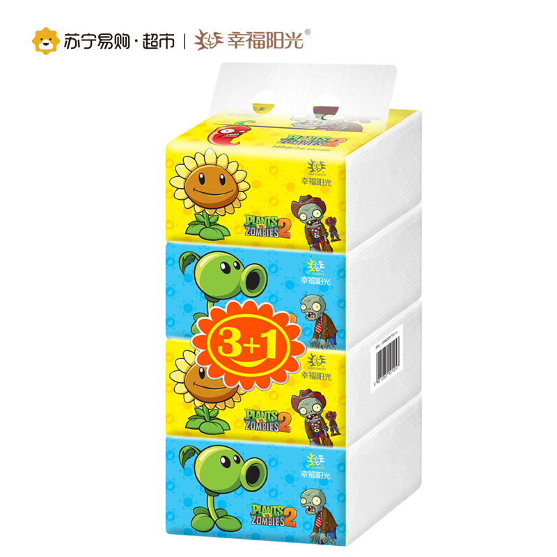 幸福阳光 植物大战僵尸系列纸巾 2层(二层)中规格(中幅)200抽*4包 抽纸 软抽 卫生纸 国产原生木浆