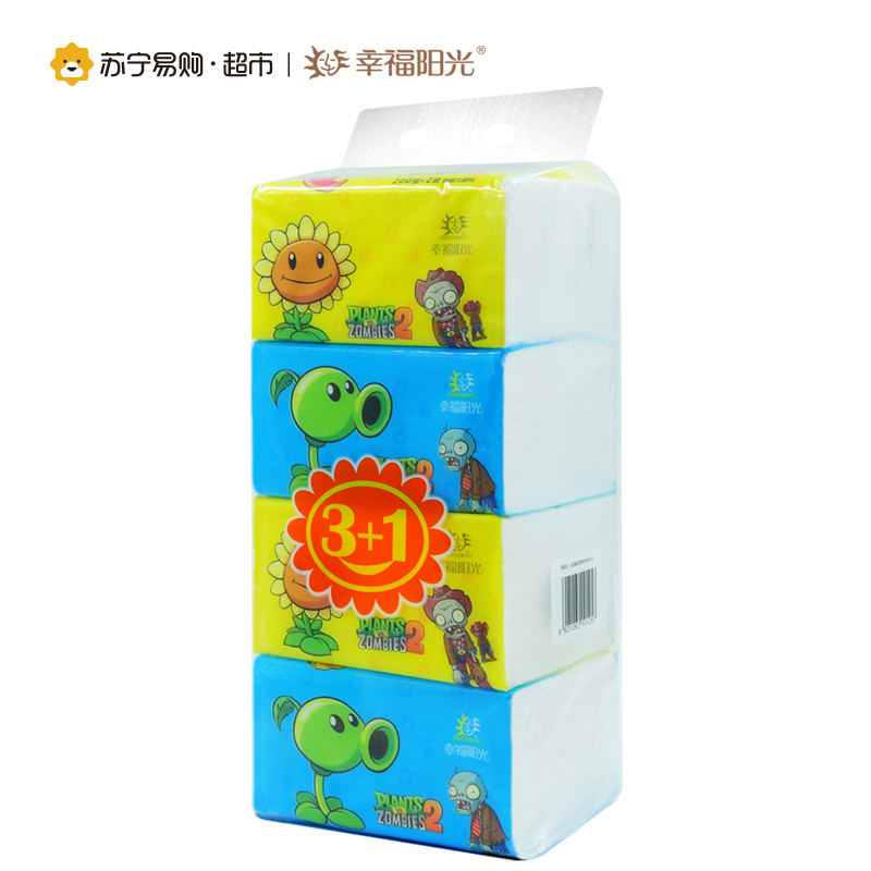 幸福阳光 植物大战僵尸系列纸巾 2层(二层)中规格(中幅)200抽*4包 抽纸 软抽 卫生纸 国产原生木浆