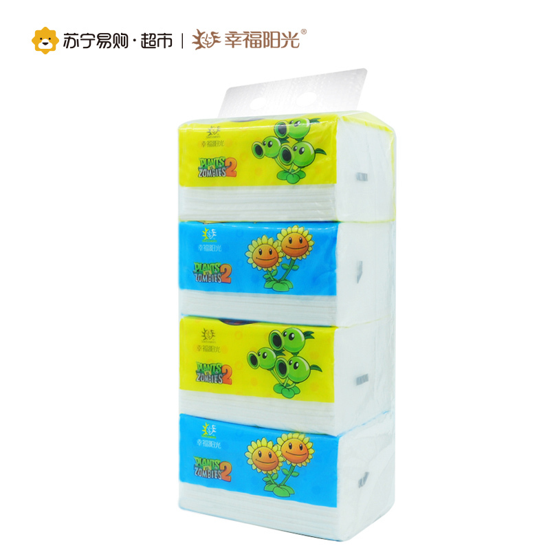 幸福阳光 植物大战僵尸系列纸巾 2层(二层)中规格(中幅)200抽*4包 抽纸 软抽 卫生纸 国产原生木浆