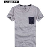 丝光棉波点梭织布胸口贴袋V领T恤W0132015