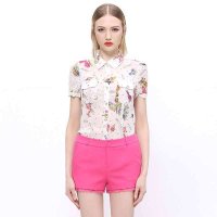 I'HAPPY 海贝 褶皱小鸟印花短袖雪纺衬衫 E4T03B041224