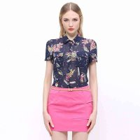 I'HAPPY海贝 褶皱小鸟印花短袖雪纺衬衫 E4T03B041224