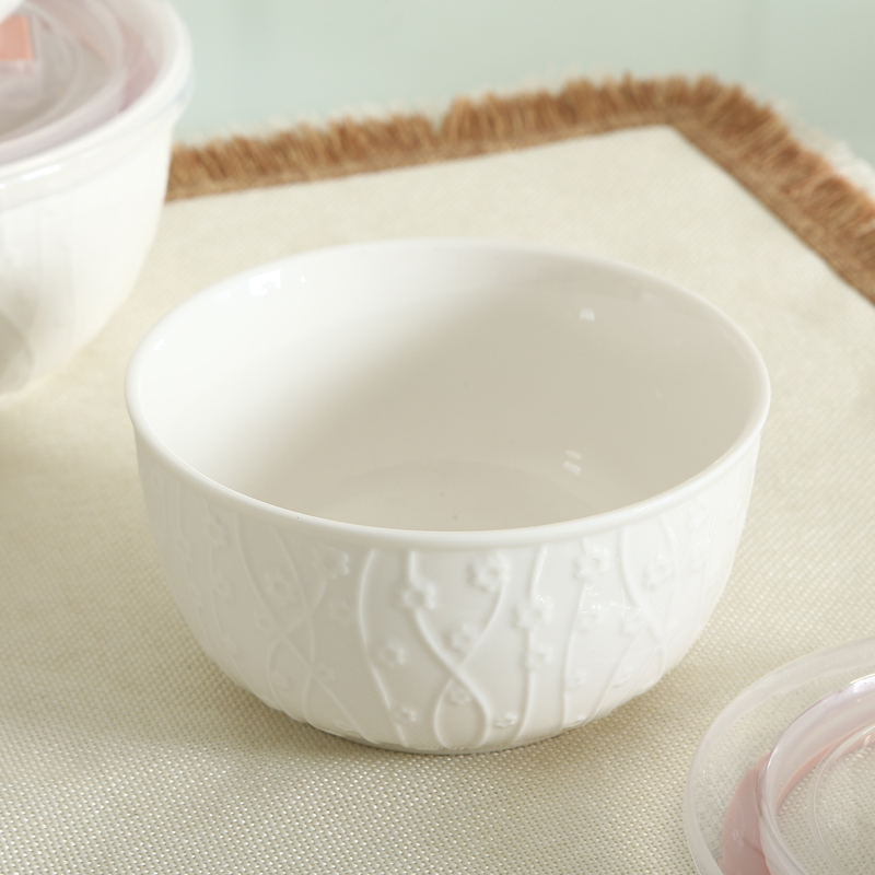 顺祥 浮雕陶瓷保鲜碗三件套 微波炉冰箱用密封饭盒 保鲜碗盒套装