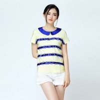 娃娃领拼织带绣花短袖上衣114202028