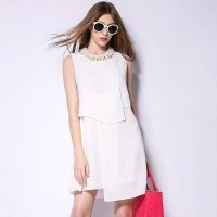 吾笙新款修身多层雪纺连衣裙女潮 无袖圆领背心裙子1306QL01