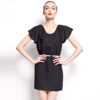 吾笙新款修身荷叶袖圆领中裙OL连衣裙1406QL02